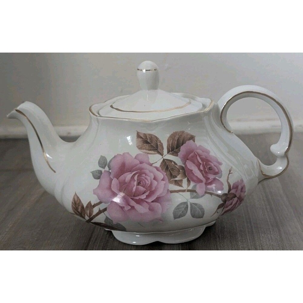 Vintage Ellgreave Ironstone Teapot White w Pink Rose Floral #609 England 4 cup